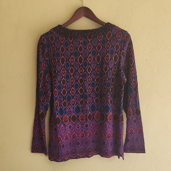 Charter Club Graphic Long Sleeve Blouse in Blue and Purple - Picture 6 of 8